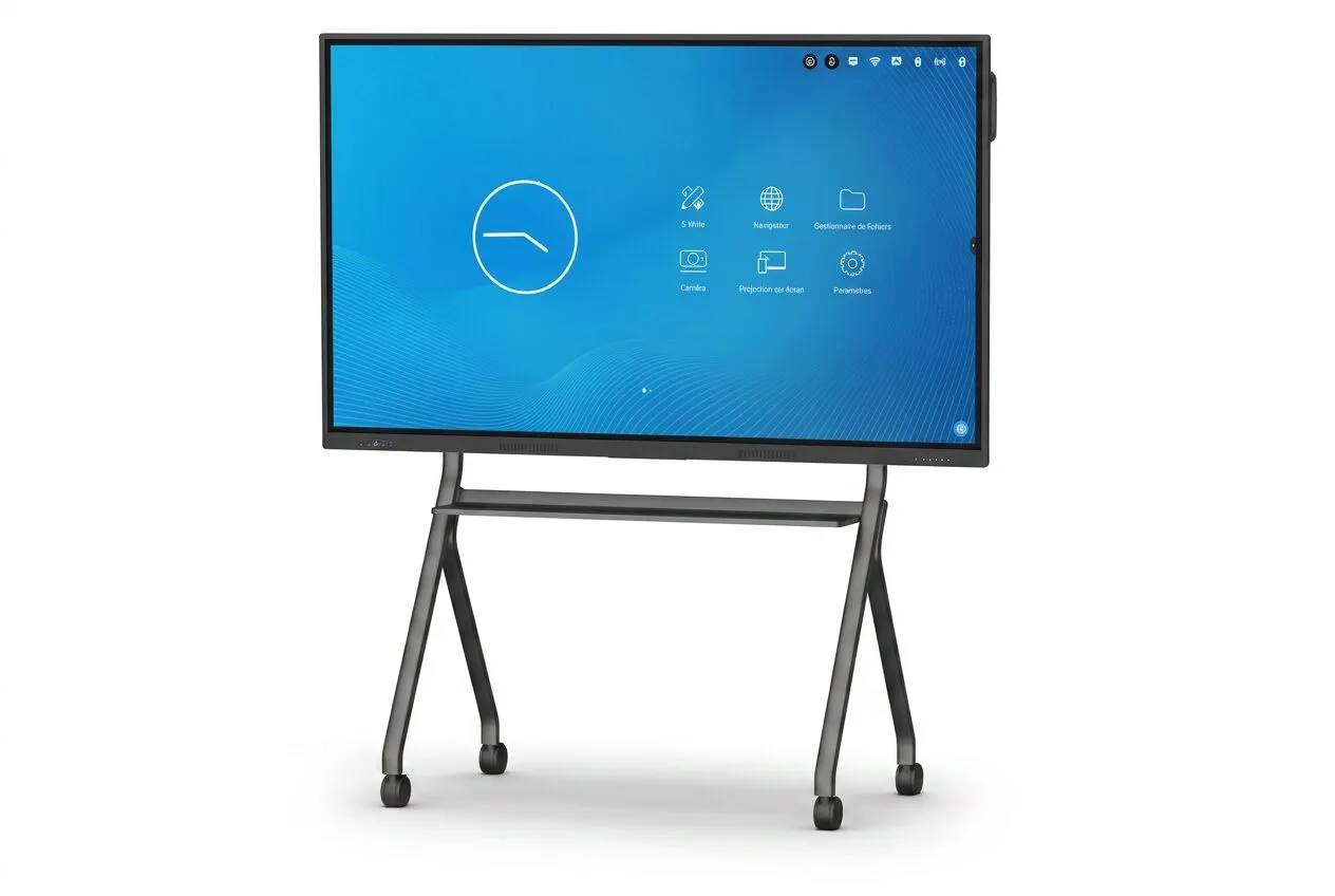 Écran interactif mobile sur support roulant dans un bureau